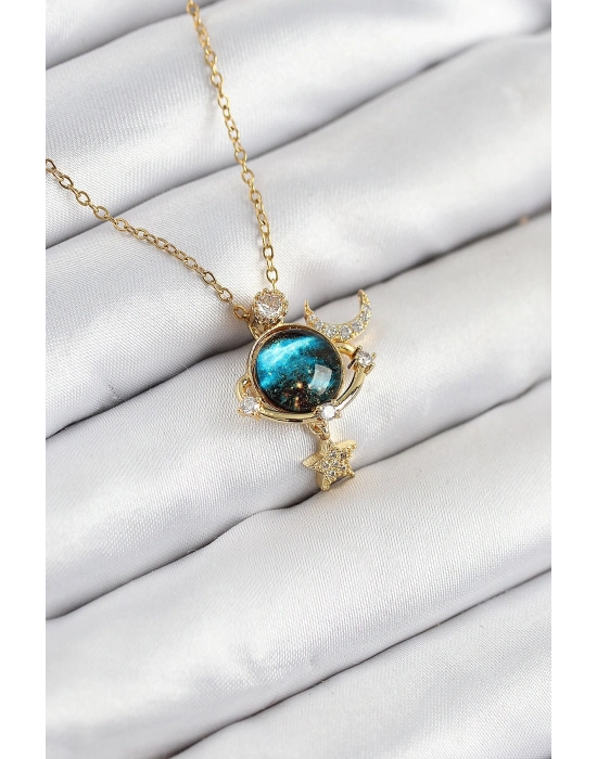 316L Çelik Zirkon Taşlı Gezegen Model Gold Renk Kadın Kolye