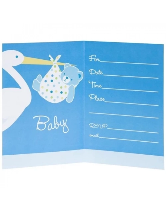 Baby Boy Stork Temalı Mavi Davetiye 8 Adet