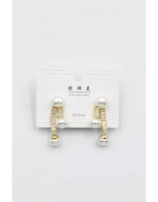 Baget Taşlı İncili Küpe - Altın