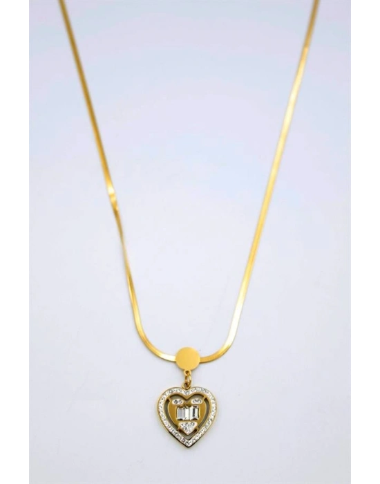 Baget Taşlı  Kalp Kolye - Altın