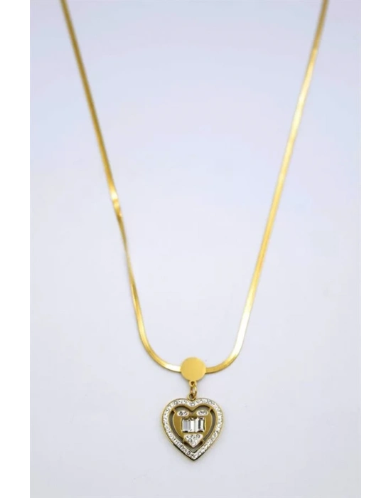Baget Taşlı  Kalp Kolye - Altın