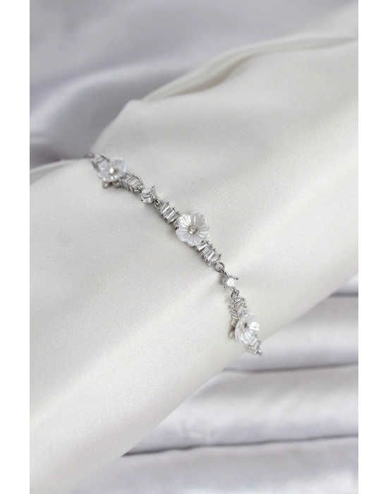 ® Baget Zirkon Taşlı Çiçek Model Gümüş Renk Asansörlü Kadın Bileklik