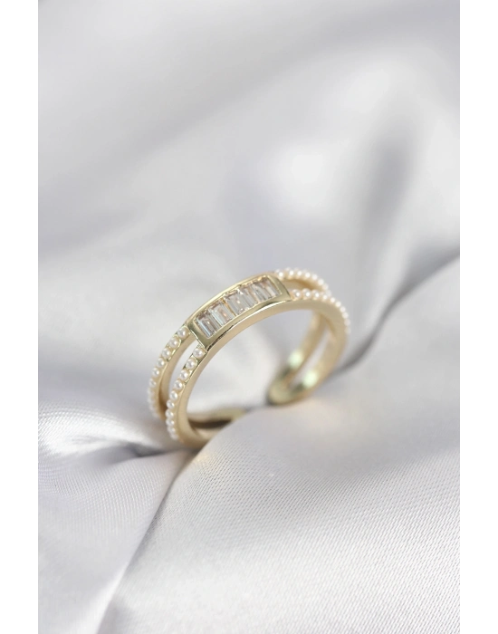® Baget Zirkon Taşlı Gold Renk İncili Kadın Yüzük