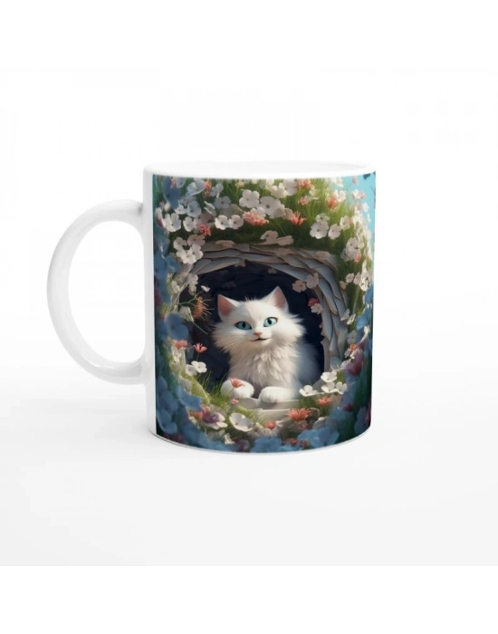 Bahar Bahçesindeki Bembeyaz Kedi Kupa Bardak