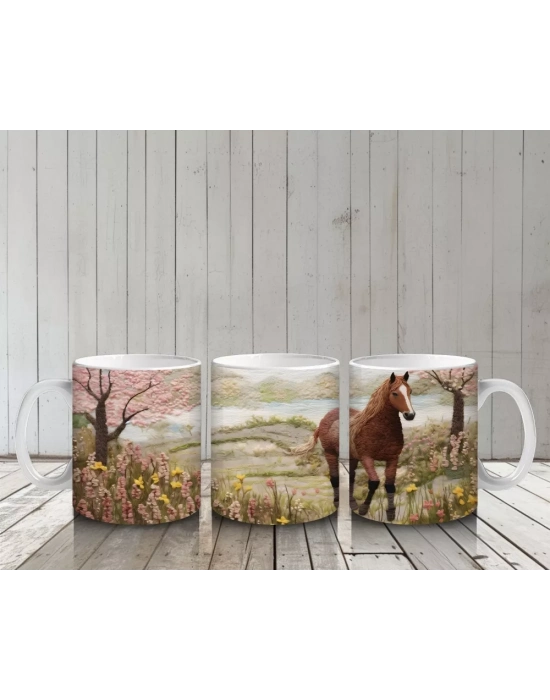 Bahar Manzarasında Zarif At Figürü - Baskılı Kahve Kupası