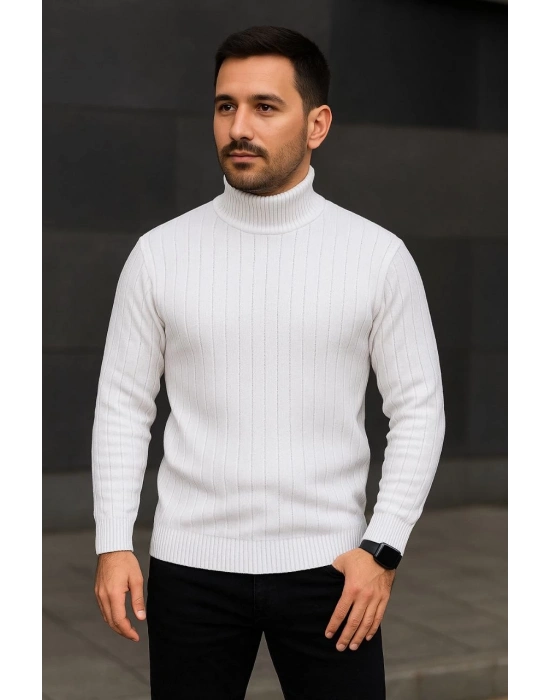 Balıkcı Yaka Bağazlı Triko Kazak Pamuklu- Beyaz