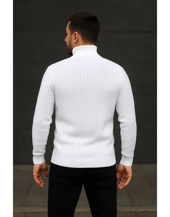 Balıkcı Yaka Bağazlı Triko Kazak Pamuklu- Beyaz