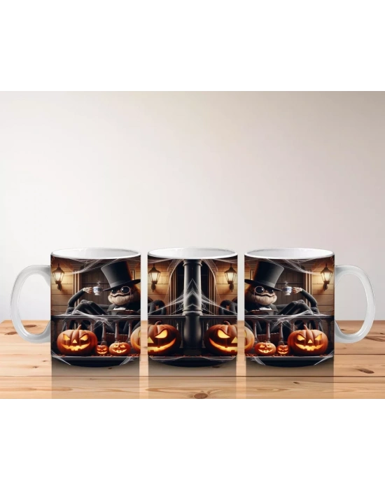 Balkabağı ve Baykuş Figürlü Gotik Cadı Temalı Cadılar Bayramı Baskılı Kupa