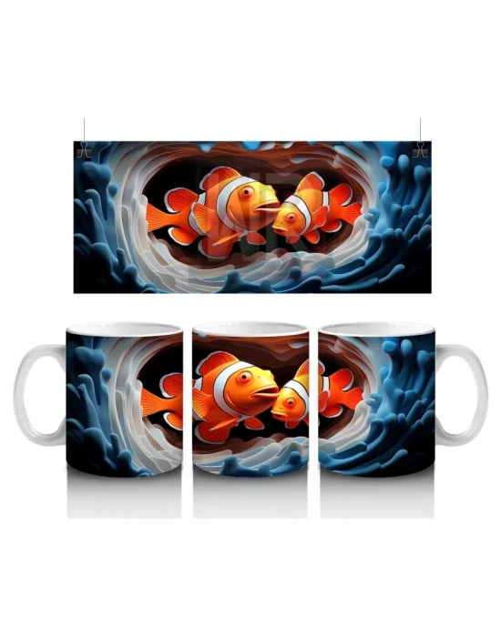Baloncuklar Arasında Neşeyle Yüzen Palyaço Balıkları – Baskılı Kahve Kupası