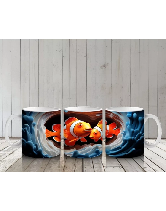 Baloncuklar Arasında Neşeyle Yüzen Palyaço Balıkları – Baskılı Kahve Kupası