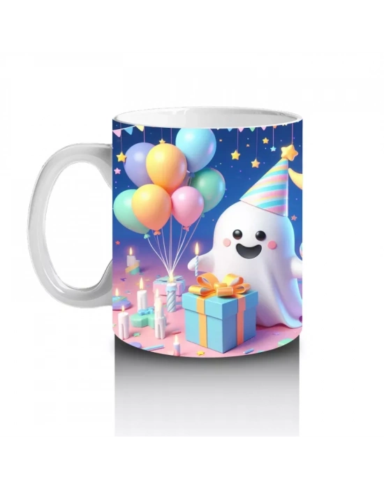 Balonlar ve Ay Figürleriyle Sevimli Hayalet Temalı Cadılar Bayramı Baskılı Kupa