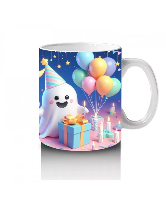 Balonlar ve Ay Figürleriyle Sevimli Hayalet Temalı Cadılar Bayramı Baskılı Kupa