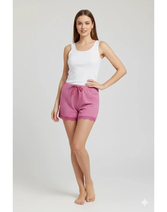 Bambu Fitilli Kadın Ev Şortu Bacak Dantel Detaylı Ev Giyim Fuşya