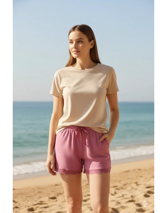 Bambu Fitilli Kadın Ev Şortu Bacak Dantel Detaylı Ev Giyim Fuşya