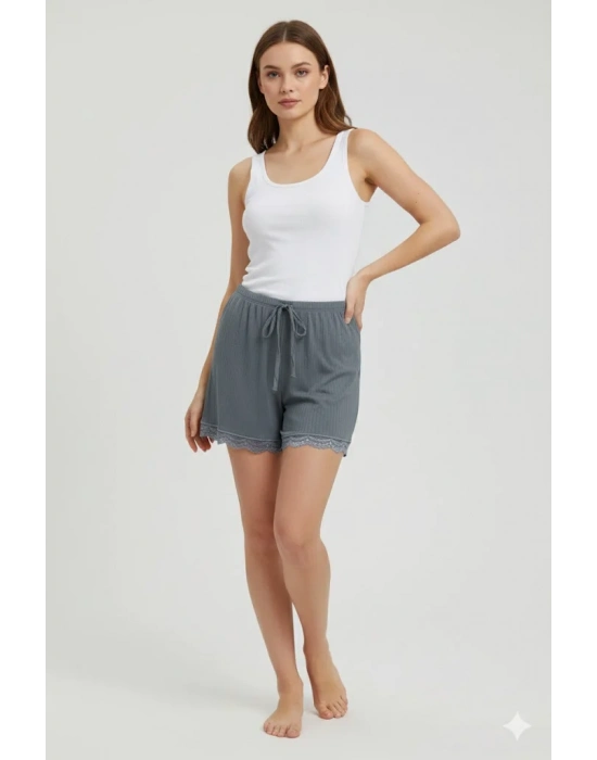 Bambu Fitilli Kadın Ev Şortu Bacak Dantel Detaylı Ev Giyim Gri