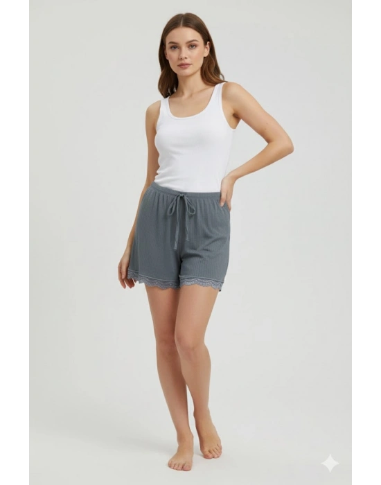 Bambu Fitilli Kadın Ev Şortu Bacak Dantel Detaylı Ev Giyim Gri