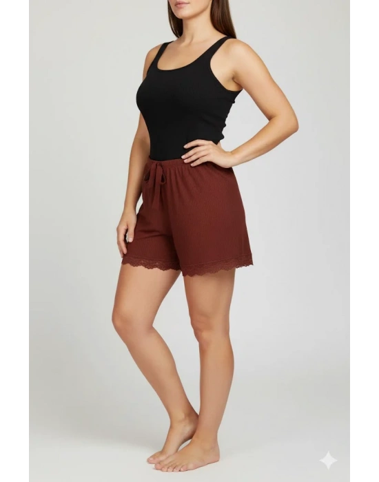 Bambu Fitilli Kadın Ev Şortu Bacak Dantel Detaylı Ev Giyim Koyu Taba