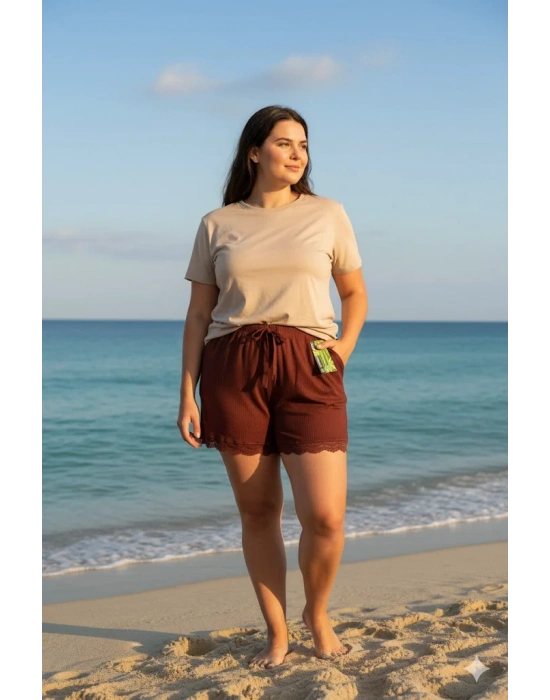 Bambu Fitilli Kadın Ev Şortu Bacak Dantel Detaylı Ev Giyim Koyu Taba