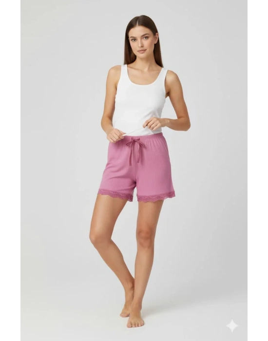 Bambu Fitilli Kadın Ev Şortu Bacak Dantel Detaylı Ev Giyim Pembe