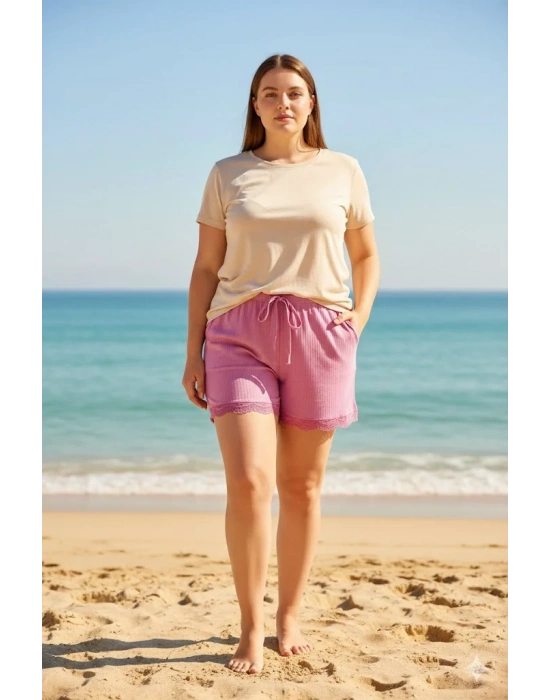 Bambu Fitilli Kadın Ev Şortu Bacak Dantel Detaylı Ev Giyim Pembe