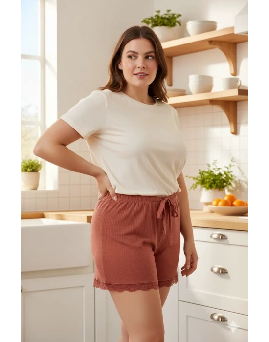 Bambu Fitilli Kadın Ev Şortu Bacak Dantel Detaylı Ev Giyim Taba