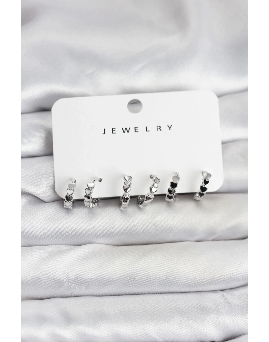 Gümüş Renk Pirinç Minimal Kalp Detaylı Kadın Küpe Seti