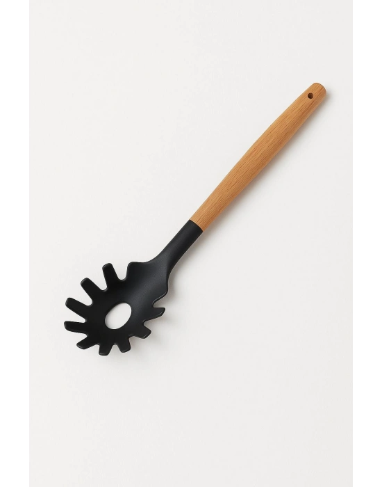 Bambu Saplı Silikon Spagetti Makarna Servis Kaşığı Siyah