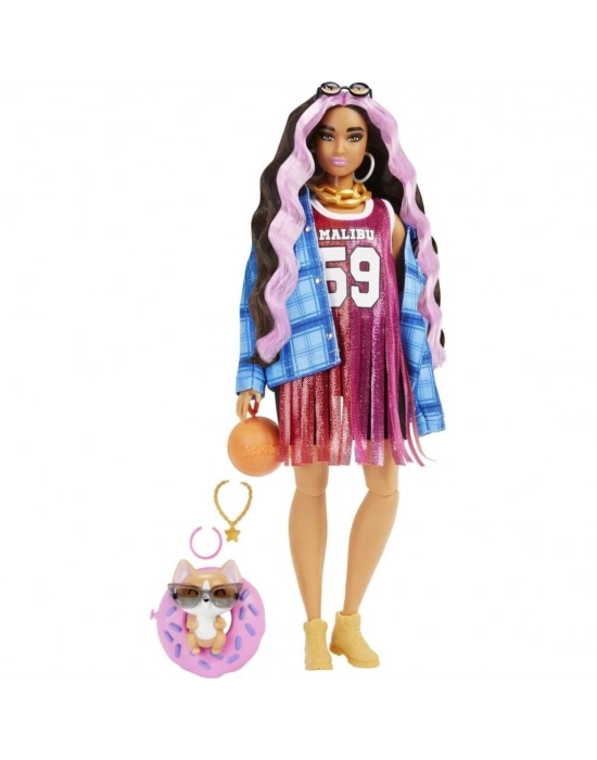Barbie Extra - Ekose Ceketli Basketbol Formalı  Bebek, Corgi Cinsi Köpek No:13 - GRN27-HDJ46