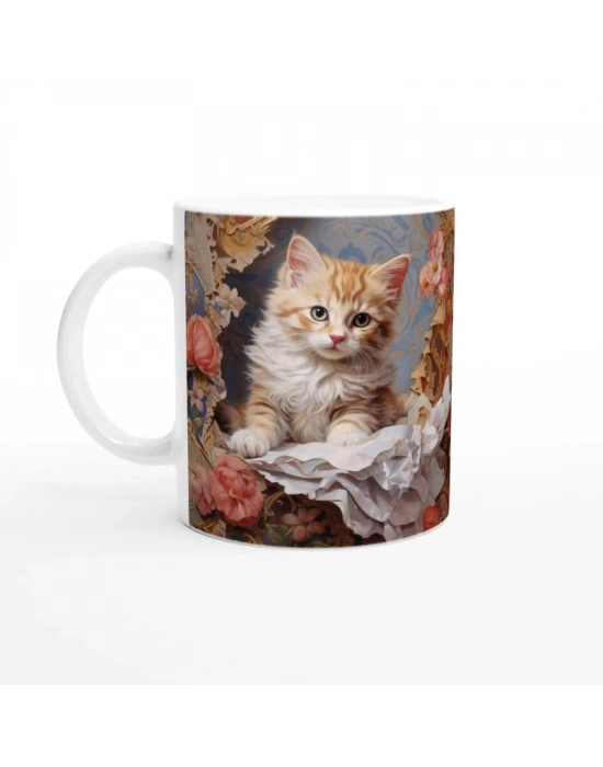 Barok Çiçekler Arasında Sevimli Kedi Kupa Bardak