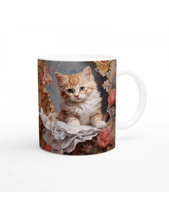 Barok Çiçekler Arasında Sevimli Kedi Kupa Bardak