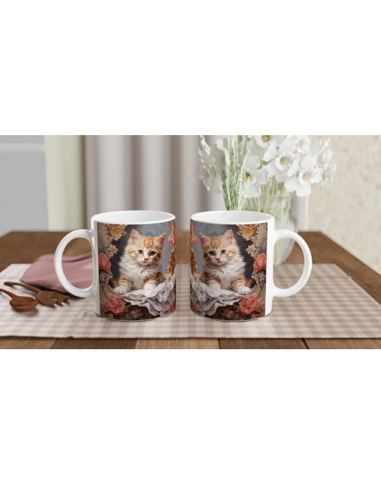 Barok Çiçekler Arasında Sevimli Kedi Kupa Bardak