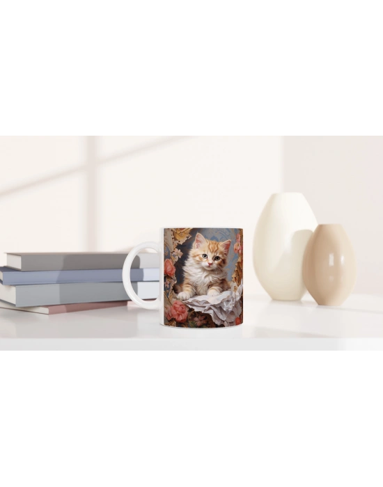 Barok Çiçekler Arasında Sevimli Kedi Kupa Bardak