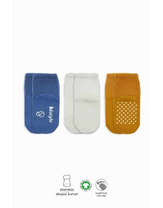 Basic Kaymaz Penye Soket Çorap 3Lü BS10106 İndigo Ekru Hardal