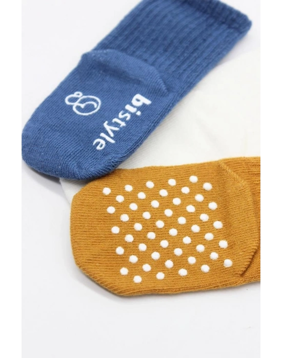 Basic Kaymaz Penye Soket Çorap 3Lü BS10106 İndigo Ekru Hardal
