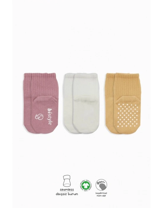 Basic Kaymaz Penye Soket Çorap 3Lü BS10106 Pudra Ekru Somon
