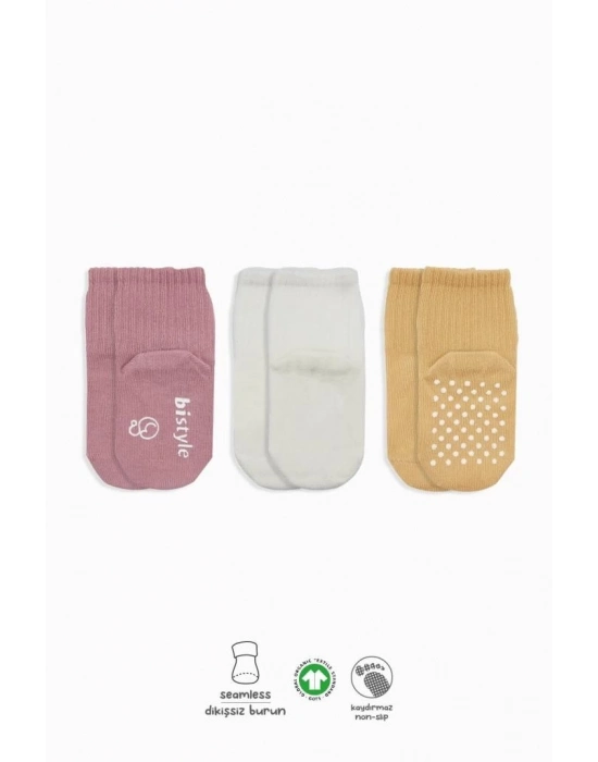 ®   Basic Kaymaz Penye Soket Çorap 3Lü BS10107 Pudra Ekru Somon