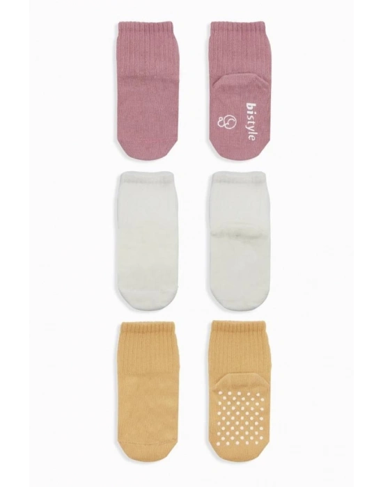 ®   Basic Kaymaz Penye Soket Çorap 3Lü BS10107 Pudra Ekru Somon