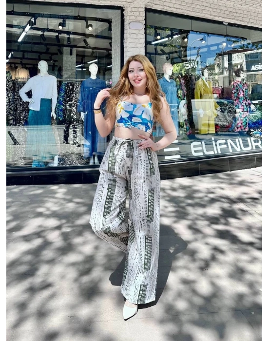 Baskılı Bağcıklı keten pantolon krem