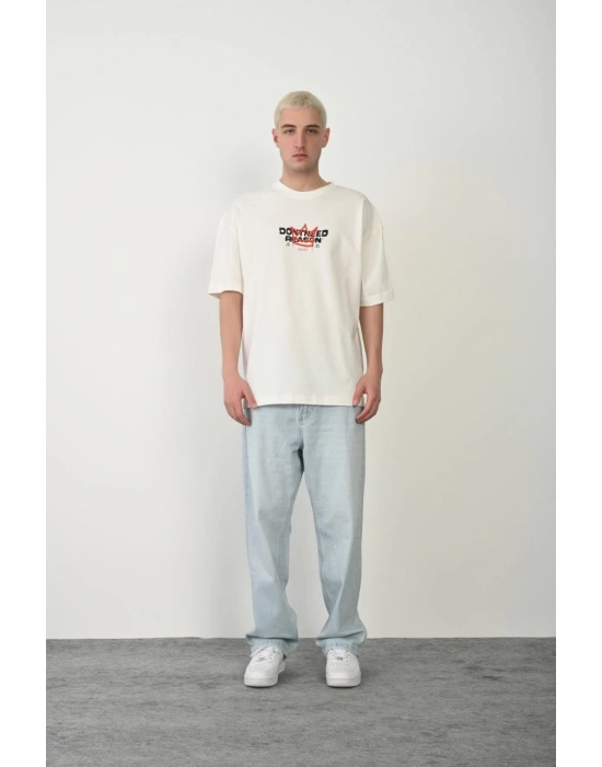 Baskılı Bisiklet Yaka Oversize T-Shirt - Beyaz -