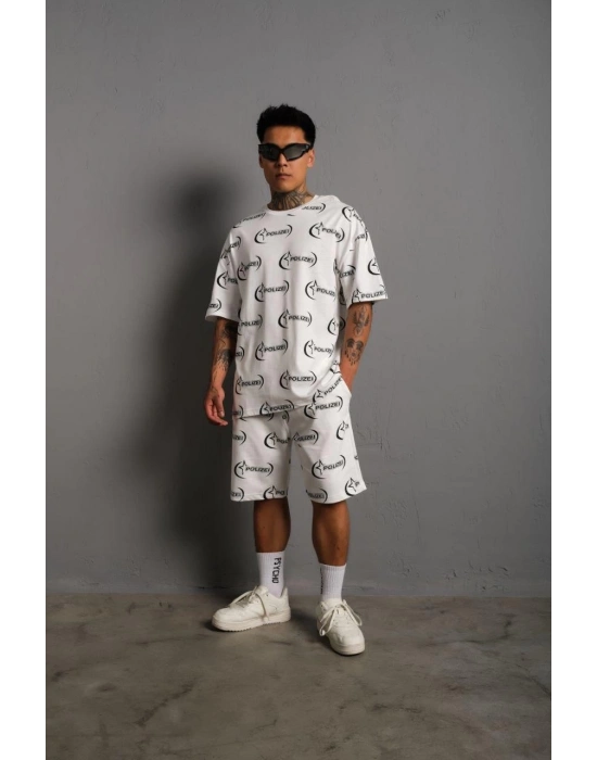 Baskılı İkili Şortlu Takım - Beyaz -