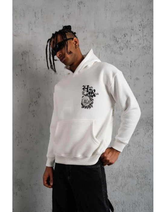 Baskılı Kapşonlu Sweat - Beyaz -