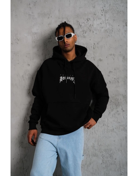 Baskılı Kapüşonlu ve Kanguru Cepli Sweat - Siyah -