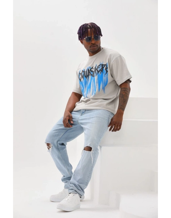 Baskılı Oversize T-Shirt - Gri -