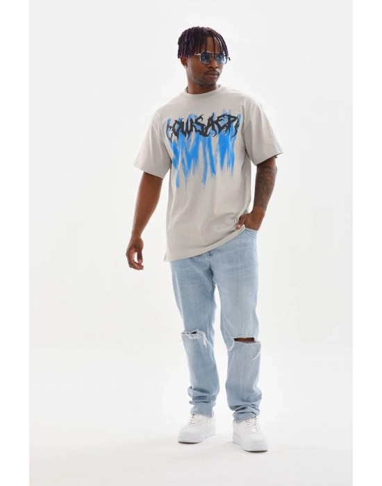 Baskılı Oversize T-Shirt - Gri -