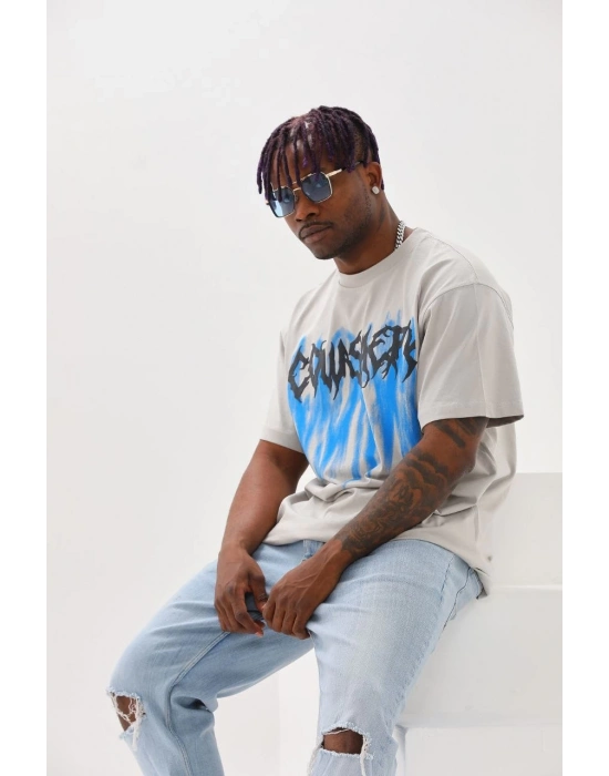 Baskılı Oversize T-Shirt - Gri -