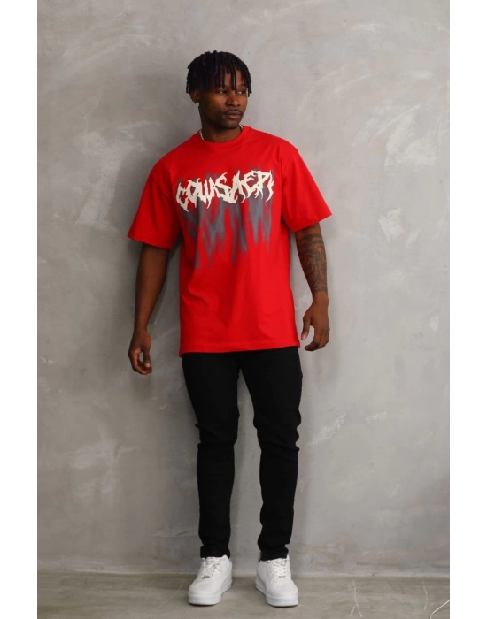 Baskılı Oversize T-Shirt - Kırmızı -