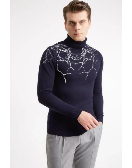 Baskılı Tam Boğazlı Uzun Kol Dokuma Triko - Lacivert