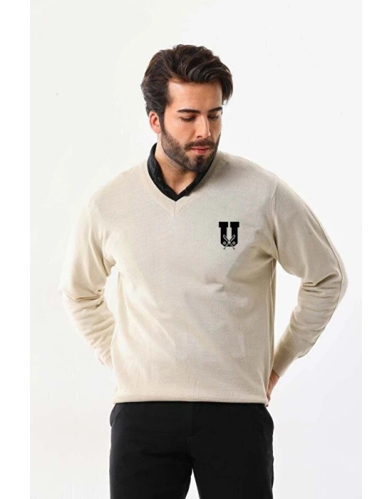 Baskılı V Yaka Uzun Kol Dokuma Triko - Bej -