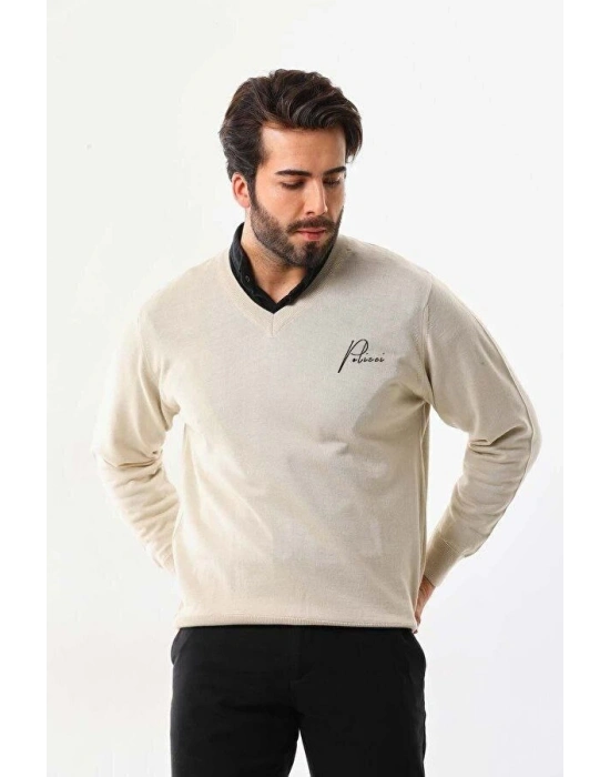 Baskılı V Yaka Uzun Kol Dokuma Triko - Bej -