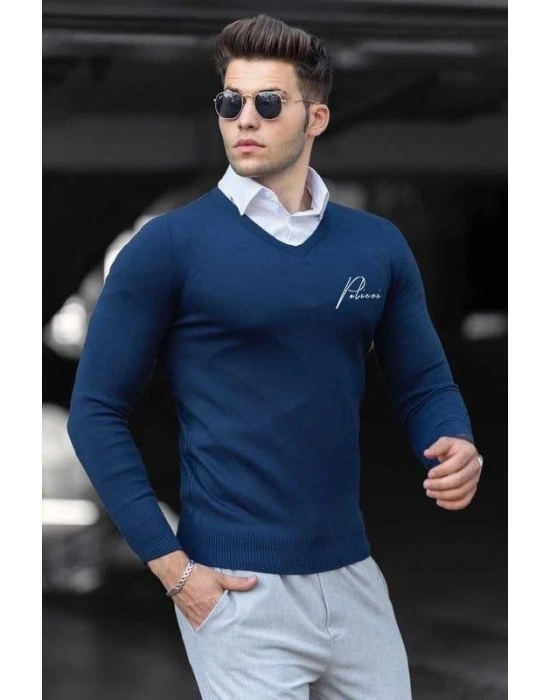 Baskılı V Yaka Uzun Kol Dokuma Triko - Indigo -